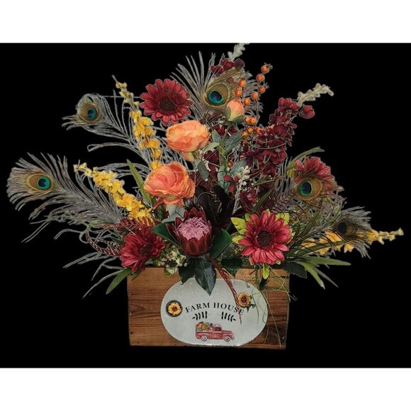Farmhouse Floral Arrangement In Rustic Wooden Crate W/ Sunflowers & Peacock Feat - Picture 6 of 10